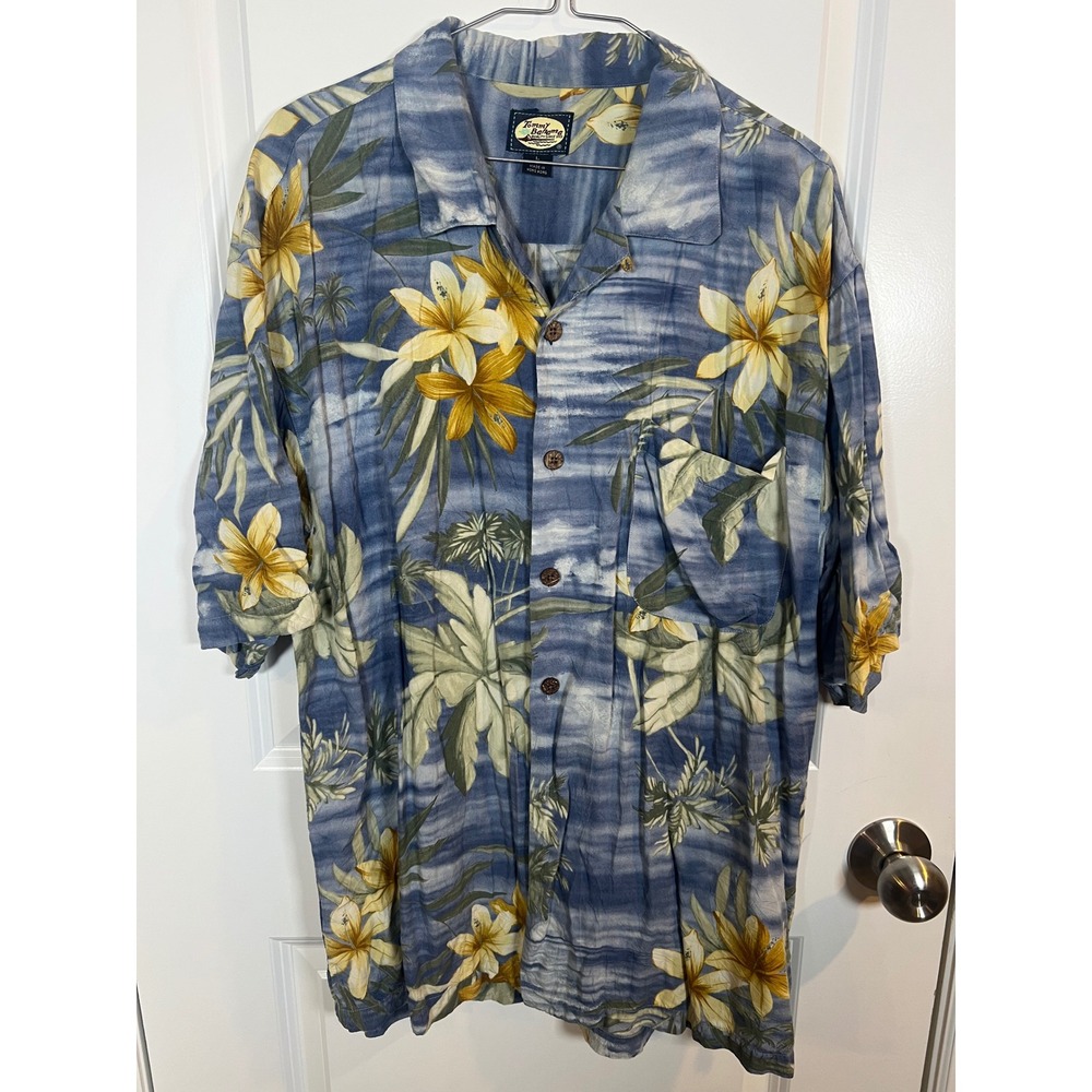 Tommy Bahama Mens Short Sleeve Shirt Tropical Floral Palm Rayon Blue Size Large